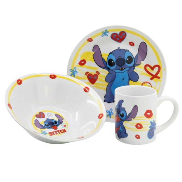 Set de Ceramica 3 Pcs Stitch, Cuenco, Plato y Taza