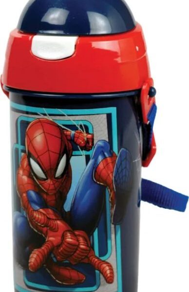 Botella Spiderman Con Tapón a Presión y Colgador 500 ml.