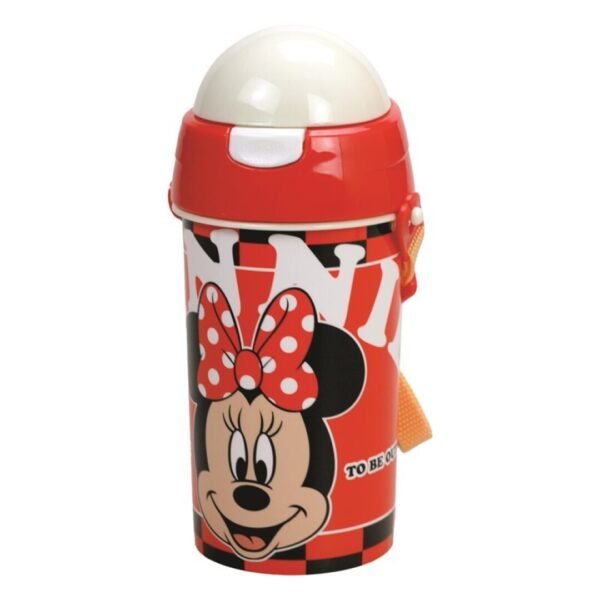 Botella Minnie Disney Con Tapón a Presión y Colgador 500 ml.